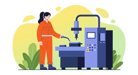 a woman in an orange jumpsuit operating a machine with a control panel. Suitable for landing page, banner, marketing, web design, presentation, infographic, etc.