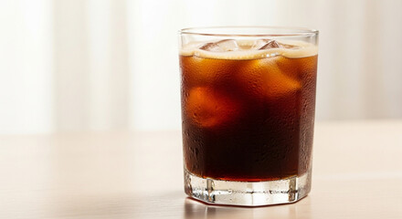 A tall glass of dark iced coffee, with visible ice cubes and condensation, sits on a light wooden table against a softly blurred background.