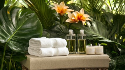 Spa setting with fluffy towels, essential oils, and candles amidst lush greenery.