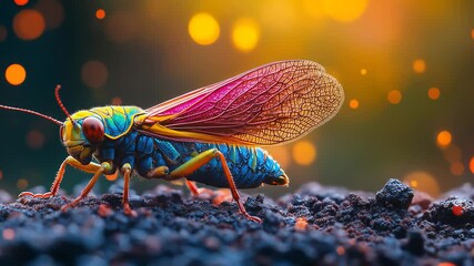Colorful insect with green head and pink wings on soil with glowing bokeh in vibrant macro composition
