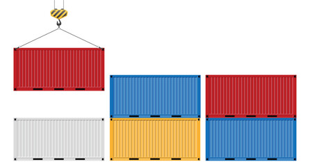 Several different colored shipping containers are seen being lifted by a crane and stacked. They are likely to be utilized for international trade and storage of products. 