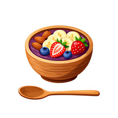 A wooden bowl filled with açaí smoothie topped with fresh fruits and nuts on white background , transparent background , no background