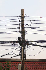 Tangled Wires and Powerlines: A detailed capture of utility pole, a complex web of power lines...