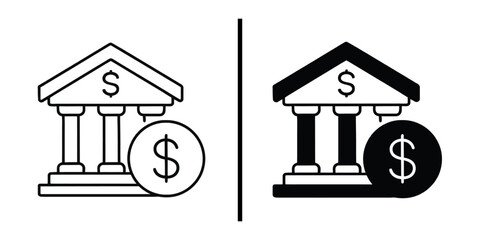 Financial Institution Icons: A striking pair of minimalist icons representing a bank and its essential financial concepts. The illustrations showcase the institution's structure.