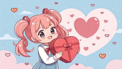 A cute anime girl with pink hair holds a heartshaped chocolate box