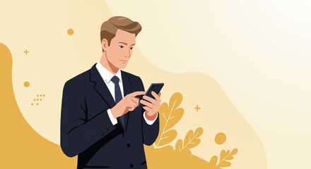A man in a suit is standing against a yellow and green abstract background, focused on his smartphone. Suitable for landing page, banner, marketing, web design, presentation, infographic, etc.