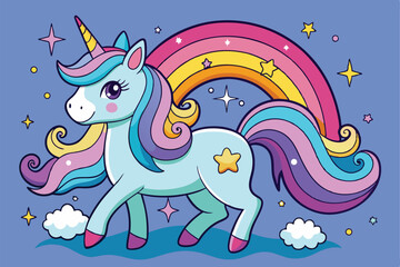 Funny cartoon vector animal illustration: cute baby horse with flowers on a blue background