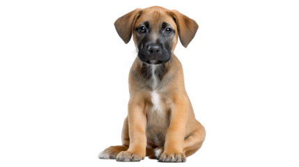 Cute puppy isolated on transparent background with sad eyes sitting alone