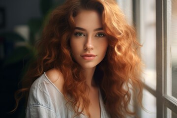 Beautiful young woman with long, curly red hair posing near a window