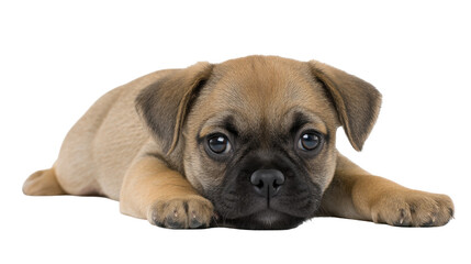 Obraz premium Puppy isolated on transparent background lying down with sad eyes and brown fur