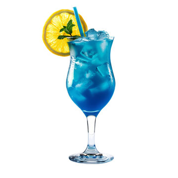 The Blue Lagoon is a vibrant, icy cocktail with a striking blue curasao base, mixed with vodka and lemonade. Garnished with lemon and mint, cut-out, clipping path, transparent