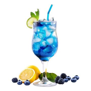 The Blue Lagoon is a vibrant, icy cocktail with a striking blue curasao base, mixed with vodka and lemonade. Garnished with lemon and mint, cut-out, clipping path, transparent