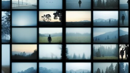 Moody landscape collage: Silhouettes of people and nature scenes in blue tones. Atmospheric montage for visual storytelling, social media, or blog post background.