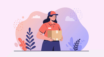 a delivery person in uniform holding a package, standing against a backdrop of stylized plants and clouds. Suitable for landing page, banner, marketing, web design, presentation, infographic, etc.