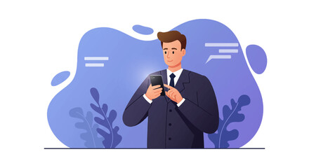A man dressed in a suit is standing and looking at his smartphone, which is held in his hands. Suitable for landing page, banner, marketing, web design, presentation, infographic, etc.