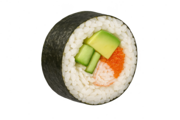 Delicious single sushi roll with avocado and roe isolated on transparent background