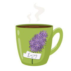 Green cup with tea, coffee. Cup with a flower on it. Vector isolated illustration on a white background.
