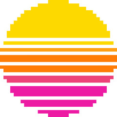 Pixel Art Retro Sunset with Gradient Stripes – sun Synthwave style