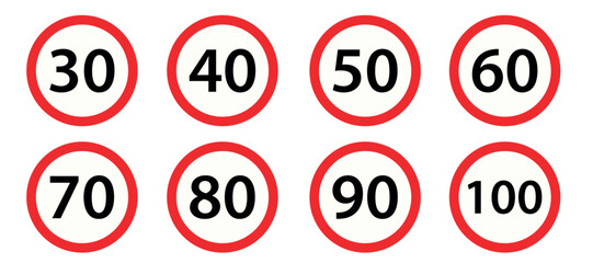 Maximum speed limit signs vector set, Traffic safety design in simple flat style