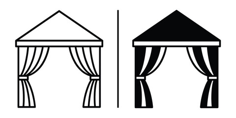 Minimalist Tent Icon Set: A clean black and white design features a pair of simple tent icons, perfect for various graphic applications.