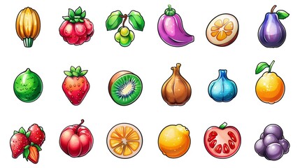 A vibrant assortment of hand-drawn fruits, showcasing their unique shapes and colors. A feast for the eyes, these illustrations capture the essence of freshness and natural goodness. 