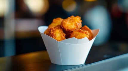 Crispy golden-brown fried chicken nuggets in a white paper container.