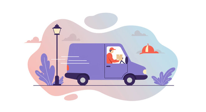 A vector illustration shows a delivery van with a driver, a package, and a street lamp, set against an abstract, colorful background.