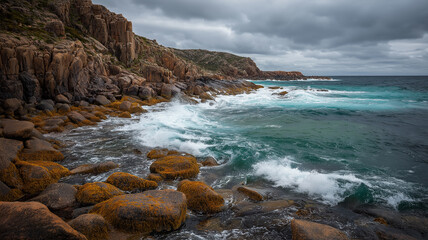 Obraz premium Rocky Coastline with Crashing Waves and Overcast Sky in Natural Landscape