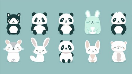 Naklejka premium A collection of adorable cartoon animals with cute expressions, perfect for design purposes
