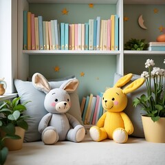 Decorative bunny and colorful eggs enhance Easter celebration at home with vibrant flowers 
