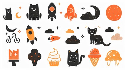 A collection of cute illustrations, including black cat, rocket and sweets on a isolated background 