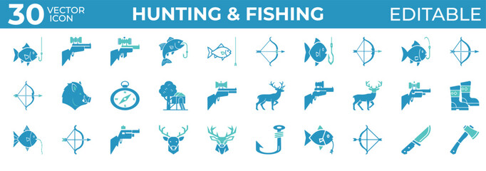 Clean hunting and fishing icons for outdoor, gear, and sport use

