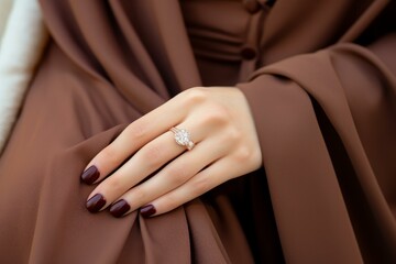 Woman's hand with dark nail polish, wearing a beautiful diamond ring on a brown dress