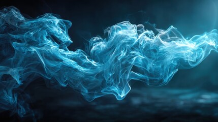Fototapeta premium Wisps of blue smoke elegantly dance through a dark environment, creating a captivating atmosphere reminiscent of twilight. The fluid movement showcases stunning textures and colors.