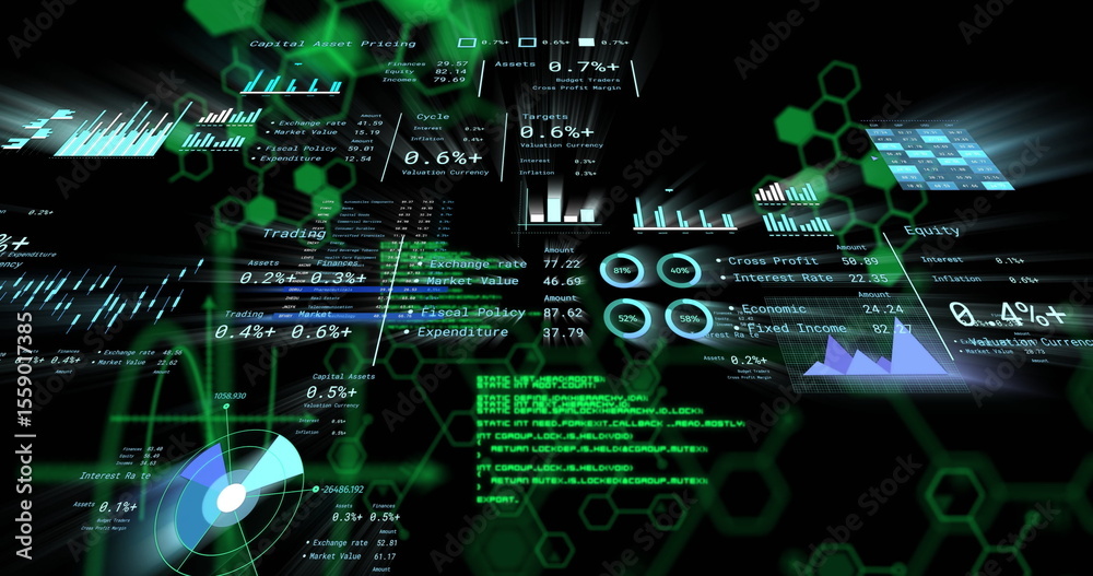Poster displaying floating financial panels in ui, with bar graphs and line charts on green hexagon grid