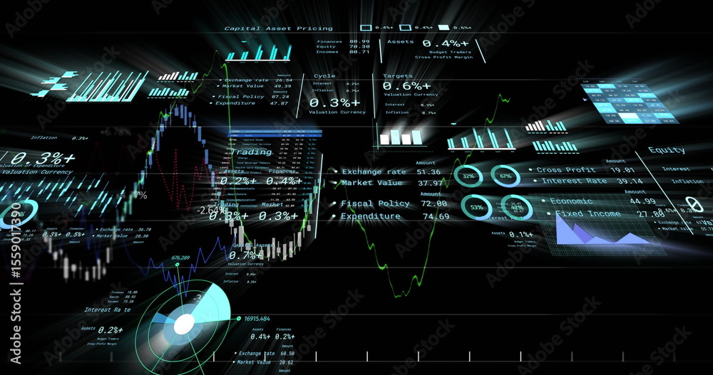 Poster displaying ui panels in digital space, with line, candlestick and gauge charts and numeric readouts