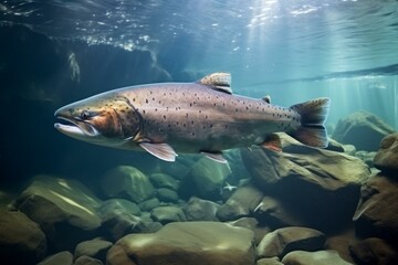 Large brown trout swimming upstream in a clear river over smooth rocks