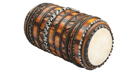 A detailed depiction of one traditional Pakistani Dholak drum (single drum, realistic detail), isolated on Transparent background.