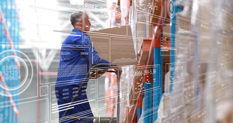 Worker in blue jumpsuit retrieving cardboard box on lift in warehouse with analytics overlay