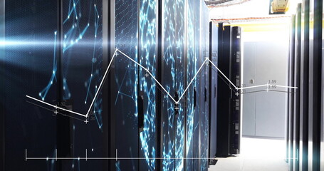 Revealing server racks tracing data flows in data center corridor, with cables and network overlay