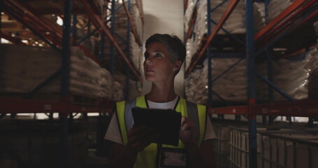 Inspecting warehouse worker checking rack stock inside warehouse aisle, with tablet and safety vest