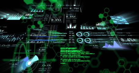 Displaying floating financial panels in UI, with bar graphs and line charts on green hexagon grid