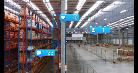Showing racks holding cardboard boxes, crates and pallets in depot, with social icons, copy space