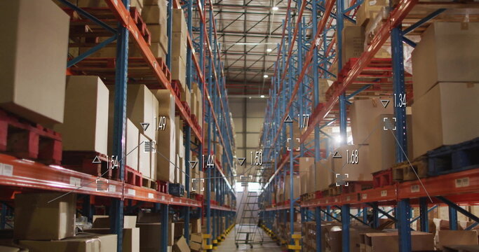 Showing warehouse aisle featuring shelving racks, boxes and ladder, projecting height measurements