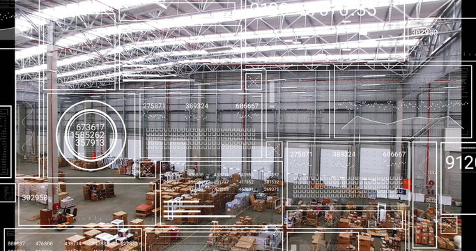 Displaying cluster of pallets, crates and boxes in distribution warehouse, with analytics graphics