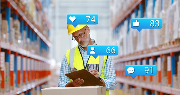 Checking inspector wearing hard hat verifying box contents in warehouse with clipboard and icons