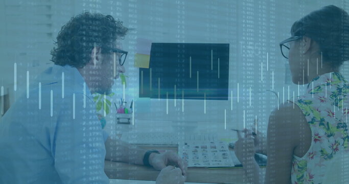 Two colleagues discussing work at desk with digital data overlay image