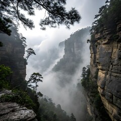 Mysterious Foggy Gorge with Sunlight Breaking Through Misty Cliffs

