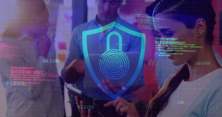Focusing woman in blouse analyzing data on tablet in office, with holographic overlay, copy space