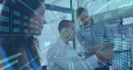 Three business professionals analyzing data in control room, with transparent holographic panels